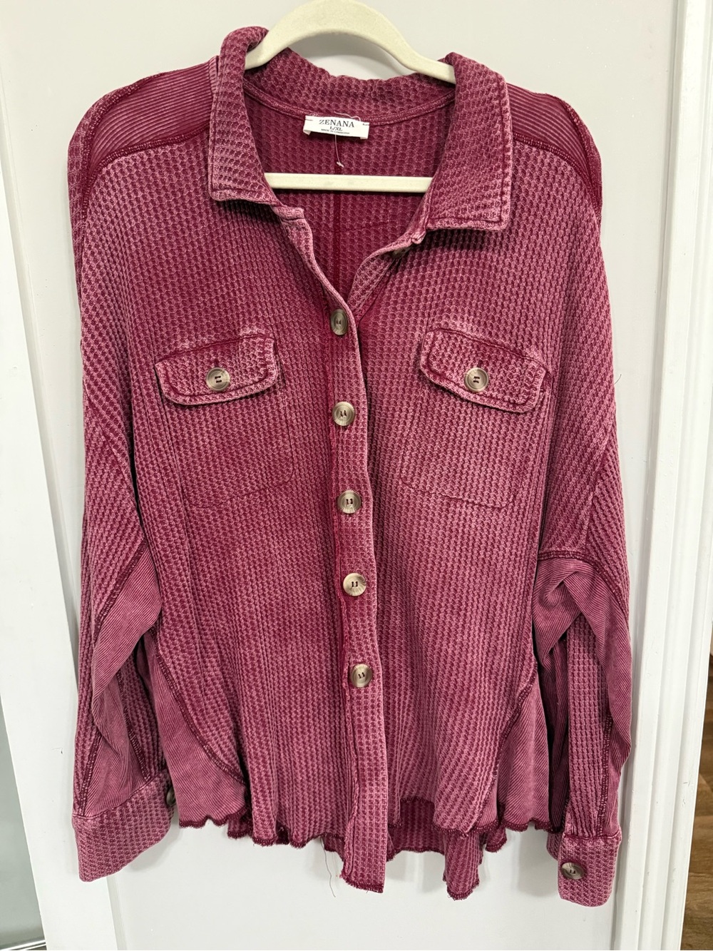 Zenana Acid Wash Waffle Knit Oversized Shacket L/XL Burgundy 100% Cotton NWOT